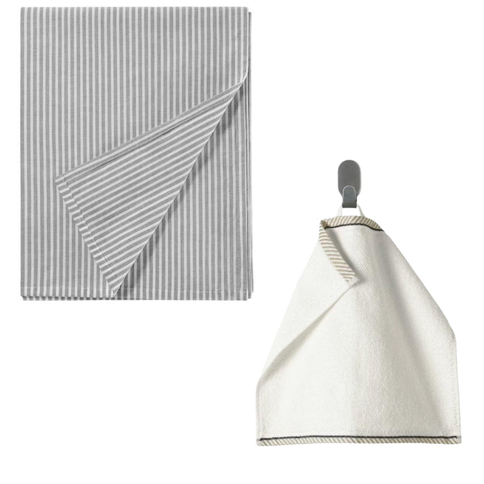 IKEA SOLFIBBLA Flat sheet, grey white/stripe, 240x260 cm (94x102 ") with VIKFJÄRD Washcloth, white, 30x30 cm