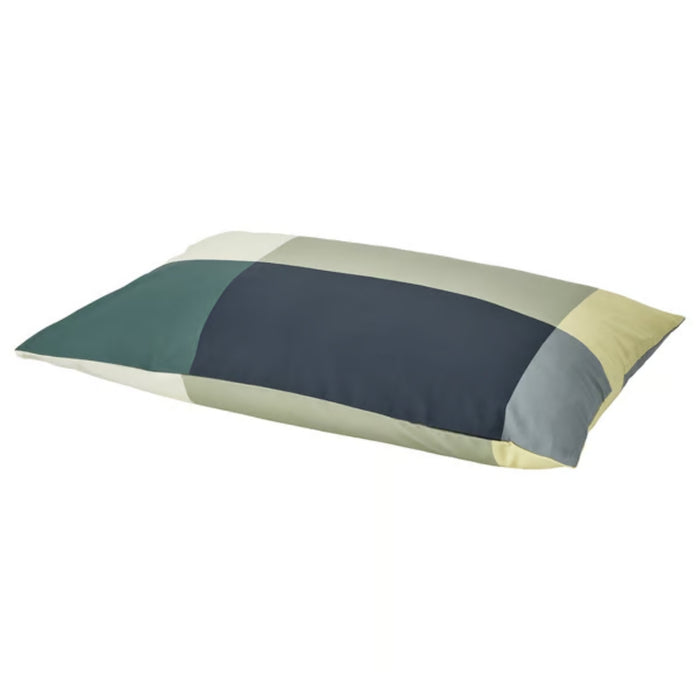 BRUNKRISSLA pillowcase, green/multicolour, 50x80 cm. Patchwork design in green, blue, grey, and yellow – adds playful, modern accent to bedding – 90577083.