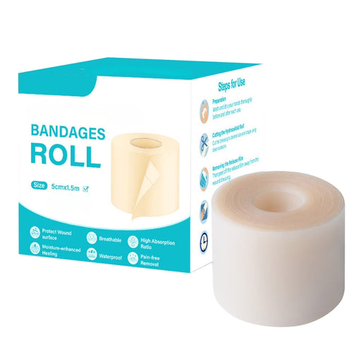 Hydrocolloid Bandage roll with packaging highlighting waterproof, breathable, and pain-free wound protection features