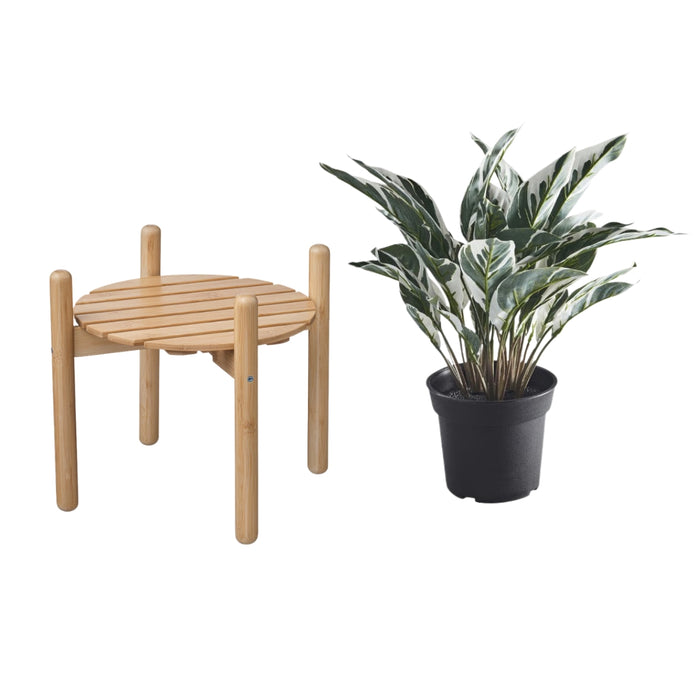 IKEA DAKSJUS Plant Stand Bamboo 28 cm with FEJKA Artificial Potted Plant Calathea 15 cm — Stylish Green Décor Combo