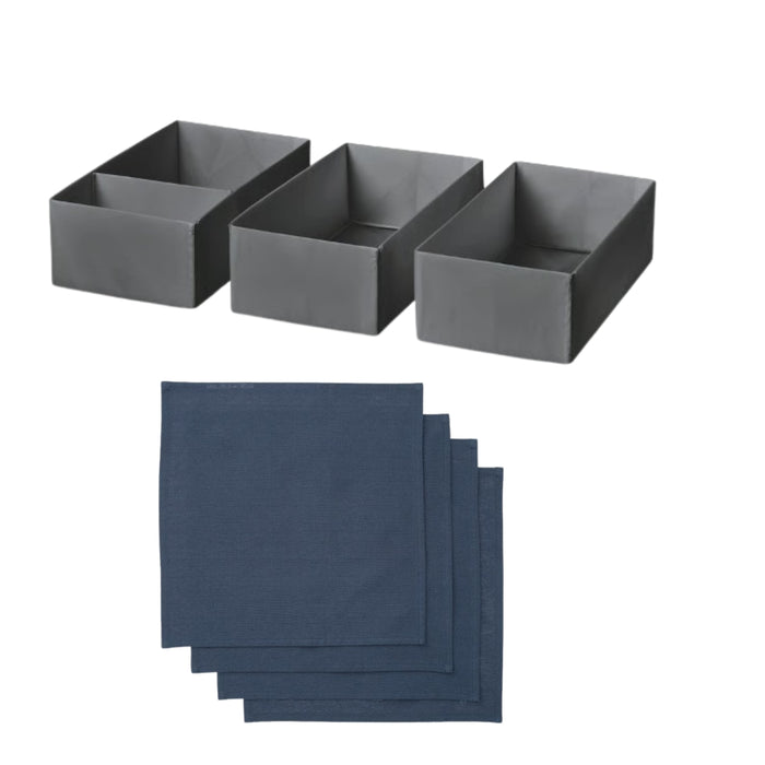IKEA SKUBB Box Set of 3 Dark Grey 20×38×12 cm with SNÖKRABBA Napkin Black‑Blue 4 Pack — Storage & Dining Combo