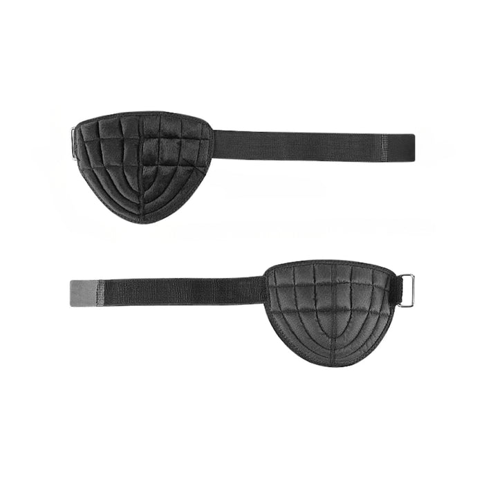Pair of black protective gear with straps on a white background