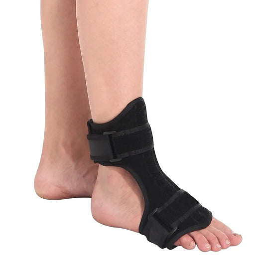Foot drop orthosis – black night splint brace worn on right foot with adjustable straps