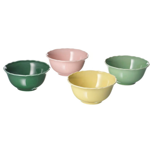 IKEA UPPLAGA bowl set in light green, pink, dark green, and pastel yellow with scalloped edges and glossy finish