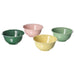 IKEA UPPLAGA bowl set in light green, pink, dark green, and pastel yellow with scalloped edges and glossy finish