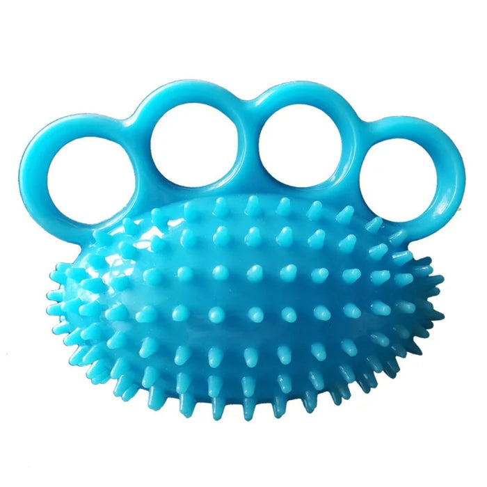 Blue textured ball with knuckle-like handles on a white background