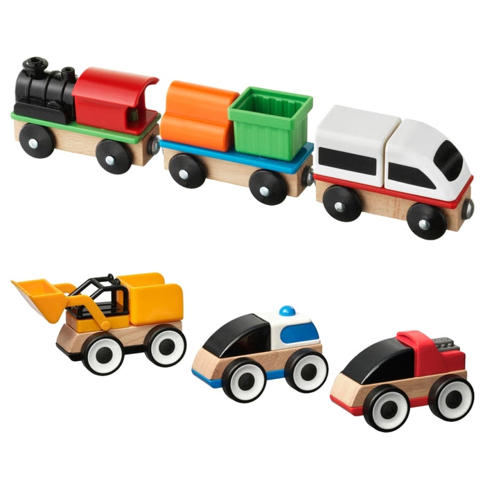 IKEA LILLABO 6-Piece Toy Vehicle Set: 3-Piece Train Set & 3-Piece Excavator/Police/Race Car Set
