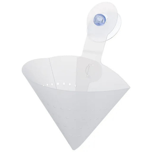 White plastic strainer with a handle on a white background