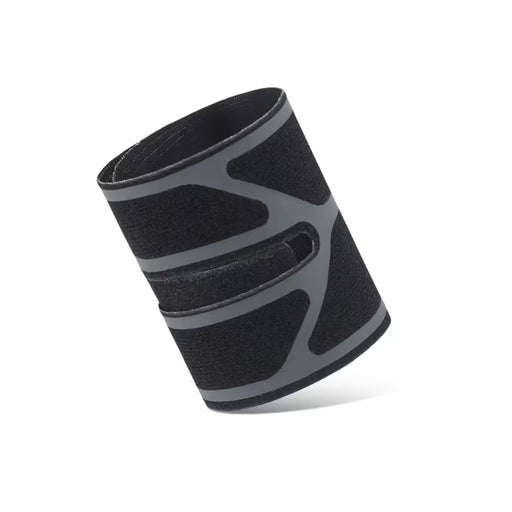 Close-up of a black adjustable wrist support strap with a sleek grey geometric pattern design.