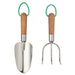 Two-piece gardening set with stainless steel hand trowel and cultivator, each with ergonomic birch wood handles and green hanging loops, designed for planting and soil care.