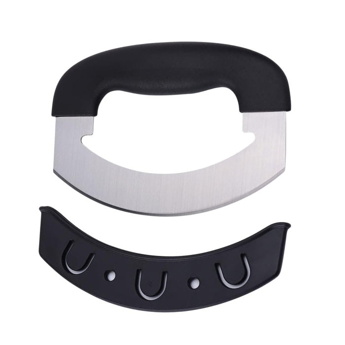 Black and silver tool with a curved blade on a white background