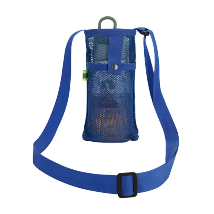 Blue mesh pouch with a strap on a white background