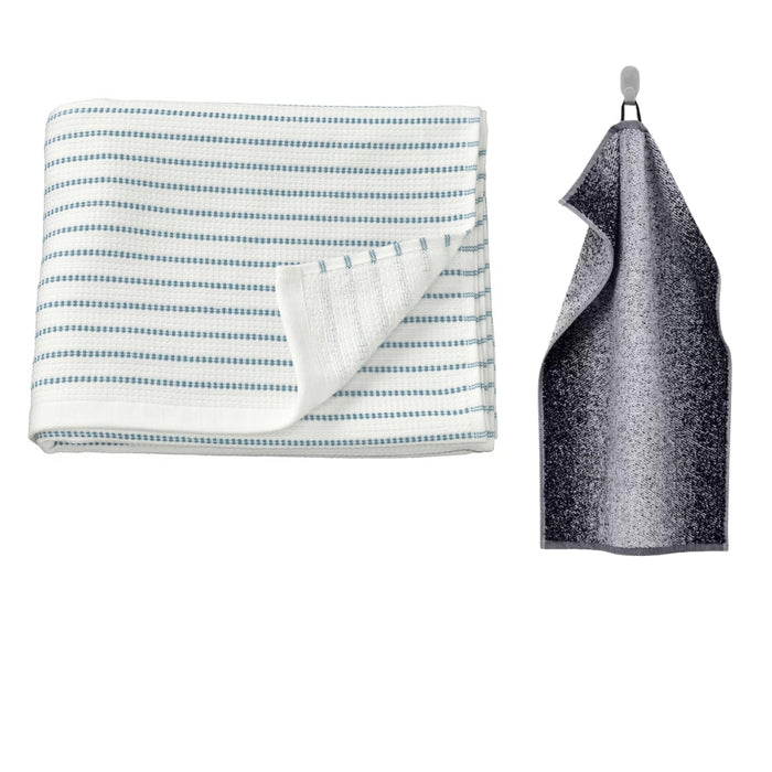IKEA BROKGINST Bath towel, white, 70x140 cm with NYCKELN Hand towel, white/dark blue, 40x70 cm