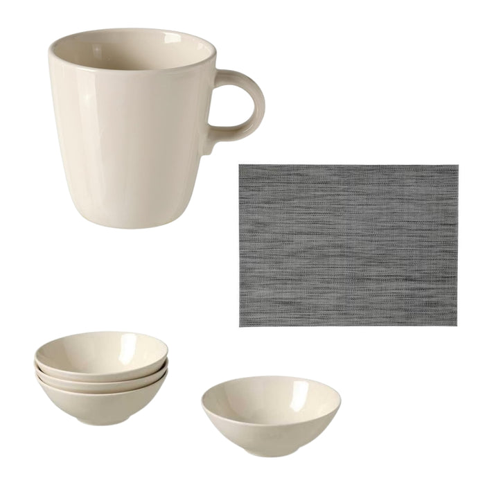IKEA Breakfast Set: 4-Pack FÄRGKLAR Glossy Beige Bowls & Mugs with SNOBBIG Dark Grey Placemats