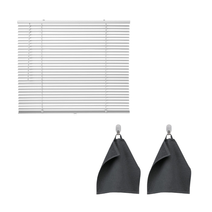 IKEA Home Essentials Set - VECKLARFLY Venetian Blind (140x155 cm, White) & SALVIKEN Textured Washcloths (2-Pack, Anthracite)