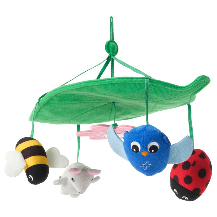 IKEA SANDBI mobile with green leaf canopy and plush toys: bee, mouse, bird, and ladybug, hanging above crib