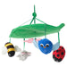 IKEA SANDBI mobile with green leaf canopy and plush toys: bee, mouse, bird, and ladybug, hanging above crib