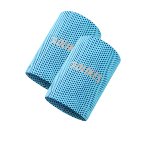 Pair of medium-sized blue cooling wrist support braces with breathable mesh fabric and “AOIKES” branding—designed for gym, tennis, and yoga; doubles as ice wrap or sweatband – 1598448414242 12718537.