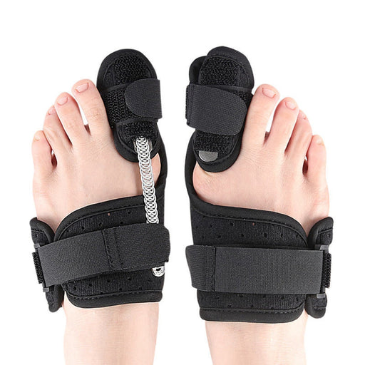 Pair of black bunion corrector sleeves featuring an orthopedic toe splint design for alignment and pain relief.