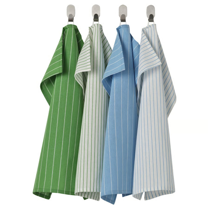 Four striped towels in green, white, blue, and gray hanging on a rack against a white background.