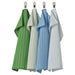 Four striped towels in green, white, blue, and gray hanging on a rack against a white background.