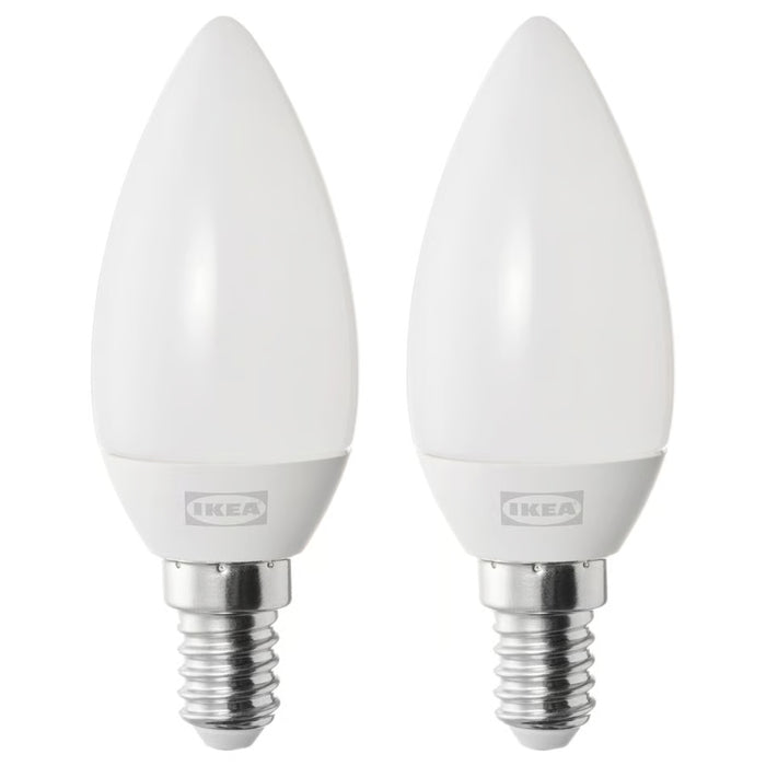 Two IKEA LED E14 250 lumen bulbs on a white background
