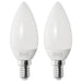 Two IKEA LED E14 250 lumen bulbs on a white background