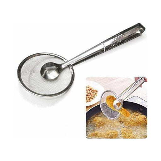 Stainless steel strainer with spoon on a white background