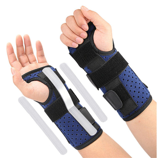Blue and black wrist support brace on a white background
