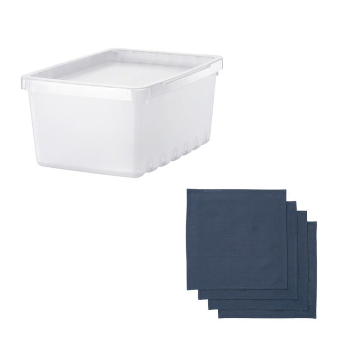 IKEA UPPSNOFSAD Storage Box with Lid 3.5L Transparent White with SNÖKRABBA Napkin Black‑Blue 4 Pack
