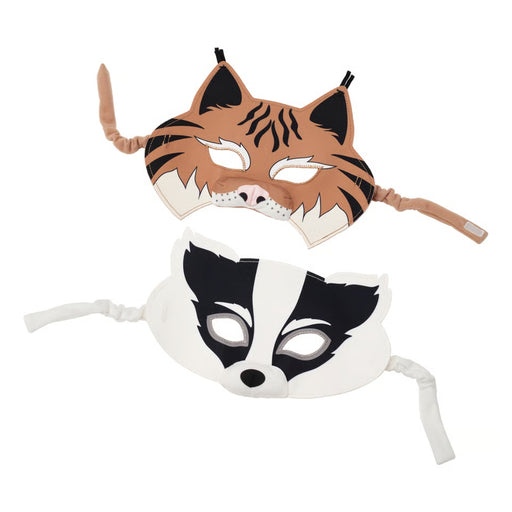 Two animal masks, one tiger and one badger, on a white background