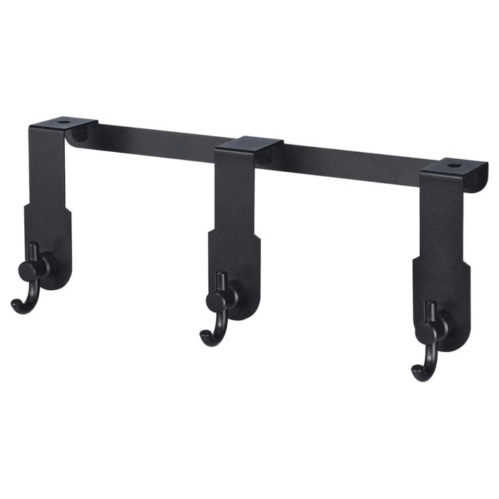 IKEA VALASJÖN over-the-door hanger in black metal with three hooks, designed for coats, towels, or accessories