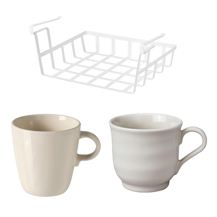 IKEA Kitchen Storage & Coffee Mug Set - PÅLYCKE Clip-on Mesh Basket, FÄRGKLAR Glossy Beige (37cl) & SANDSKÄDDA Light Grey-Beige (27cl) Mugs Set