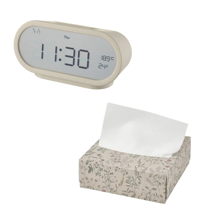 IKEA RÖDSTRÄFSE Alarm clock with hygro-/thermometer, beige, 17x8x6 cm (6 ¾x3 ¼x2 ¼ "), IKEA HAJMAL Paper napkin, patterned/flower, 16x32 cm (6 ¼x12 ½ ")