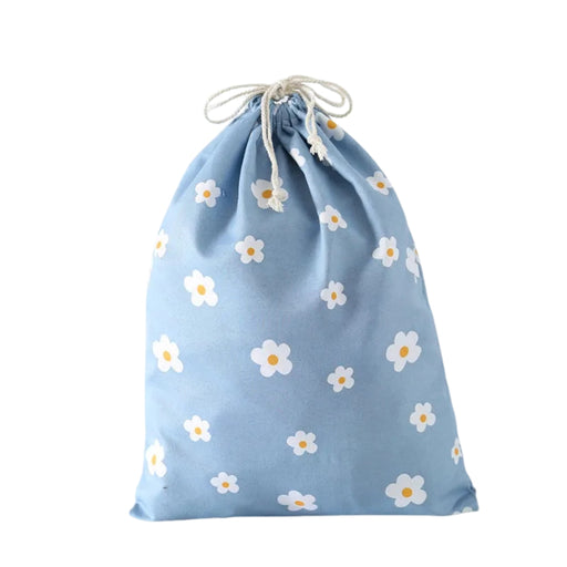 Light blue drawstring bag with white and yellow daisy pattern, tied with a white cord – 1598445710448 14078092
