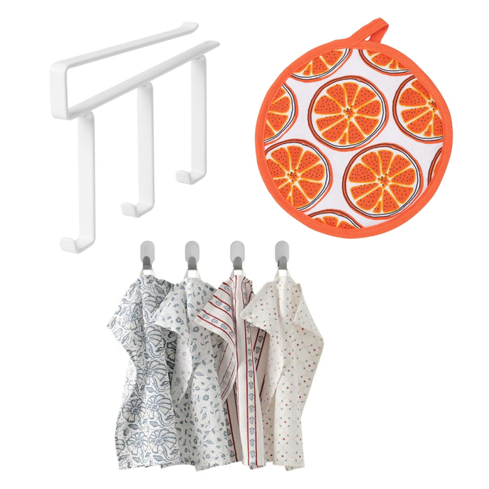 IKEA Kitchen Textiles Set: TORVFLY Orange Pot Holder, INAMARIA Patterned Tea Towels (4-Pack) & PÅLYCKE Clip-on Hook Rack