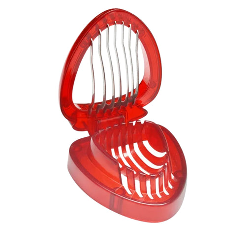 Red strawberry slicer with hinged metal wires and concave base – ideal for slicing soft fruits like strawberries and boiled eggs – 1261421 13927578