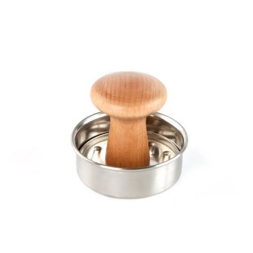 Wooden pepper grinder with metal base on a white background