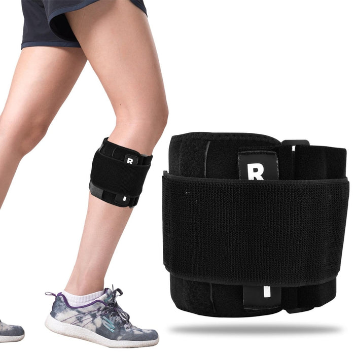 Black sciatic nerve brace worn below the knee, labeled “R” for right leg, shown on athlete in shorts and running shoes