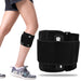 Black sciatic nerve brace worn below the knee, labeled “R” for right leg, shown on athlete in shorts and running shoes
