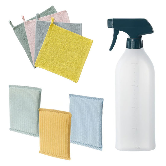 IKEA Cleaning Set: PEPPRIG Spray Bottle, KRAMA Cloths, Scrubbing Pads