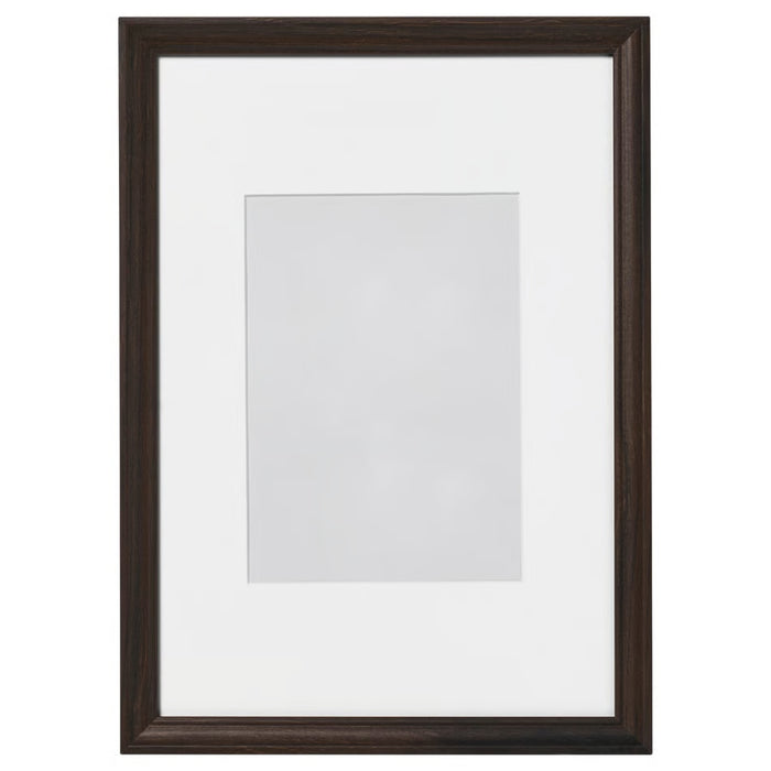 Dark brown oak-effect picture frame with white mat board and vertical rectangular opening - 70327189
