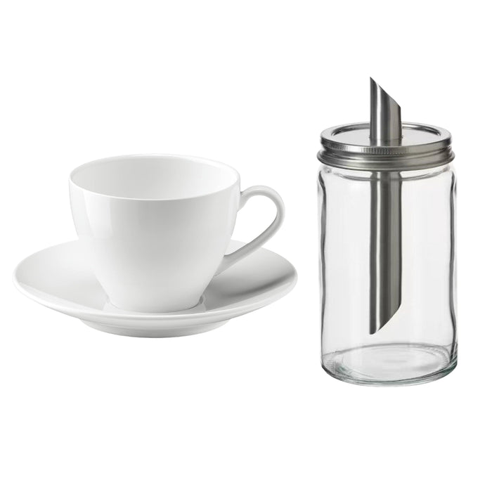 IKEA Café Set: VÄRDERA Porcelain Cup & Saucer with CITRONHAJ Stainless Steel Sugar Shaker