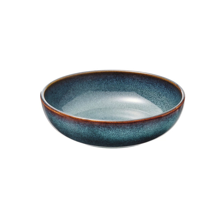 Blue ceramic bowl with brown rim on a white background