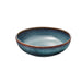 Blue ceramic bowl with brown rim on a white background