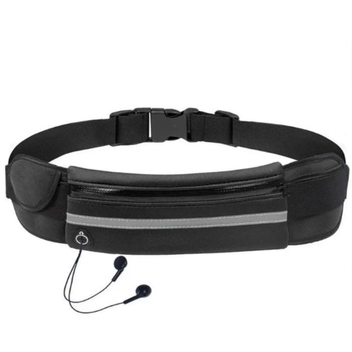 Black waist bag with a reflective strip and earphones on a white background