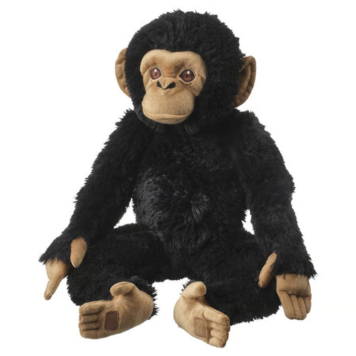 IKEA SANDLÖPARE soft toy chimpanzee in black with beige face, ears, hands, and feet, shown seated against white background