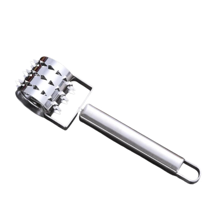 Metallic garlic press on a white background