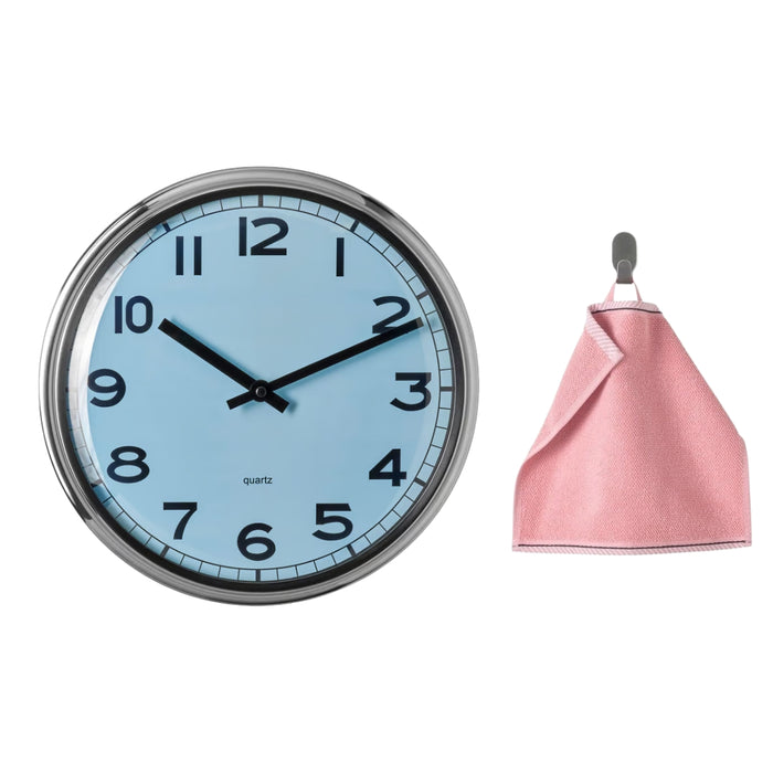 IKEA PUGG Wall Clock Stainless Steel Turquoise 32 cm with VIKFJÄRD Washcloth Pink 30x30 cm