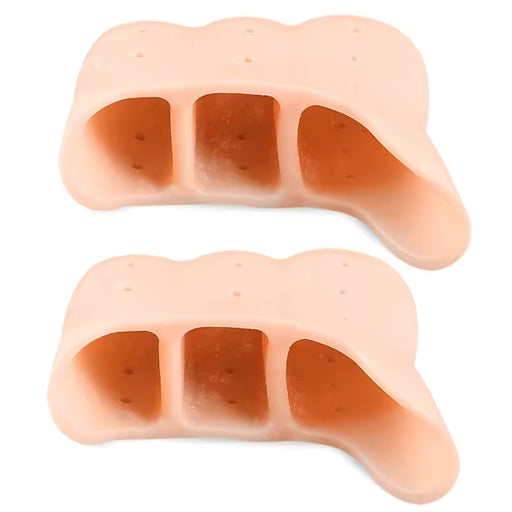 Pair of skin-colored silicone toe protector sleeves designed to cushion and protect toes from friction.